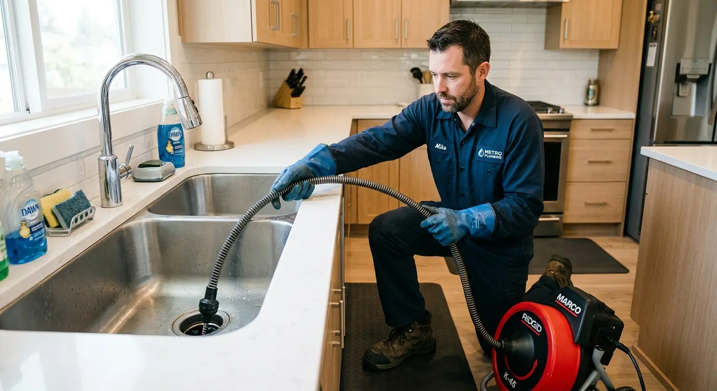 Drain cleaning technician using a motorized snake on a kitchen sink in Bay City