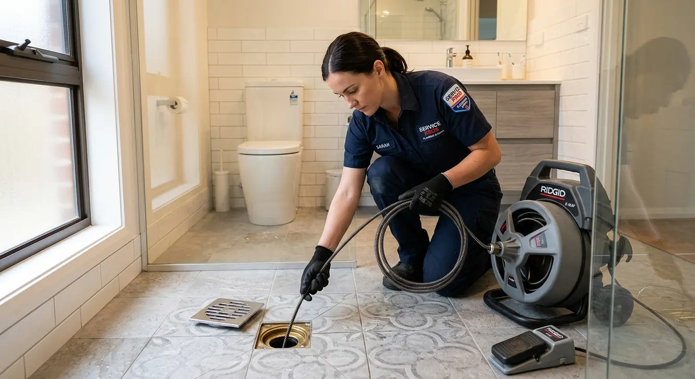 Technician clearing a bathroom floor drain for Clogged Drain Repair in Bay City